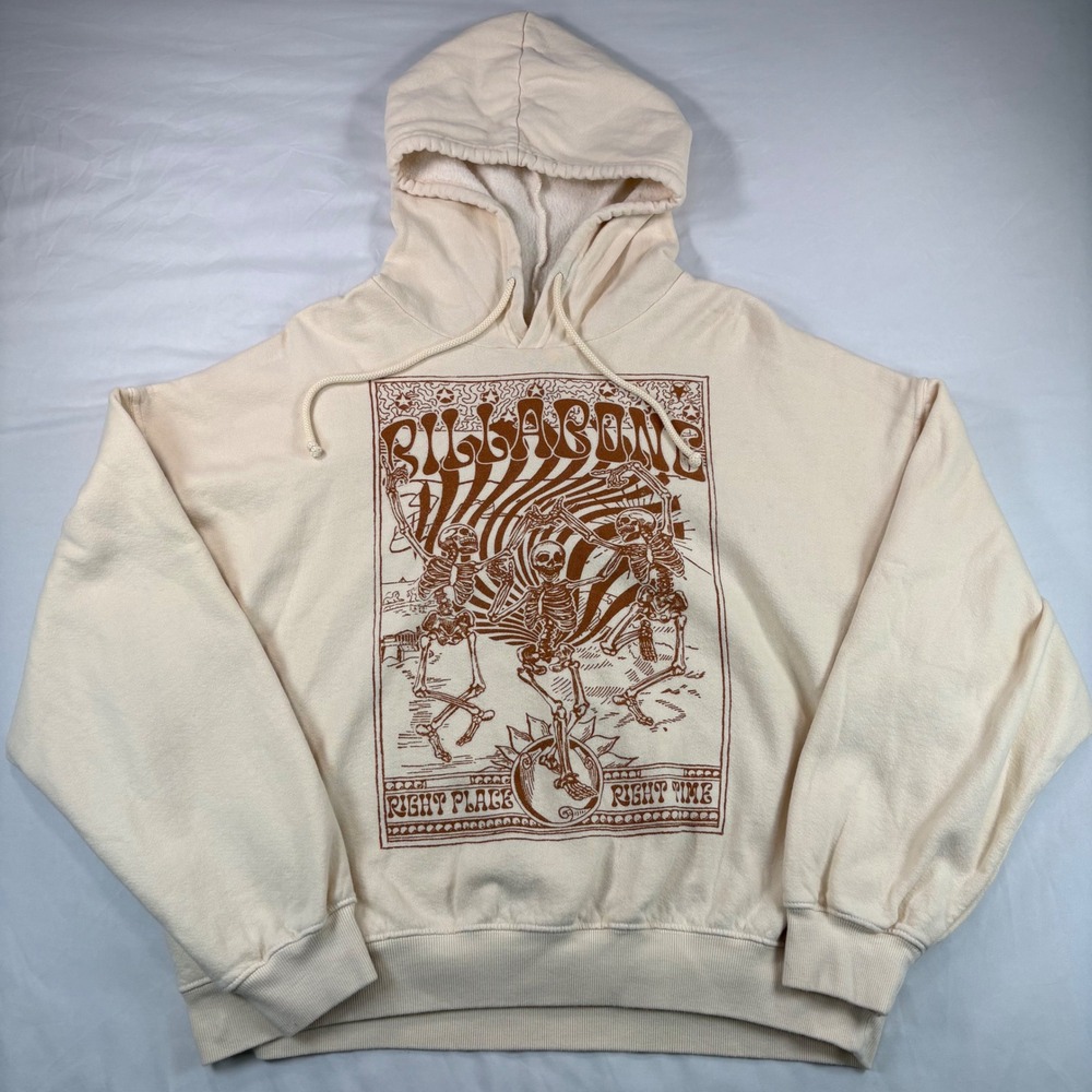 Billabong Hoodie Womens Large Skeleton Graphic Cream Oversized Surf Boho